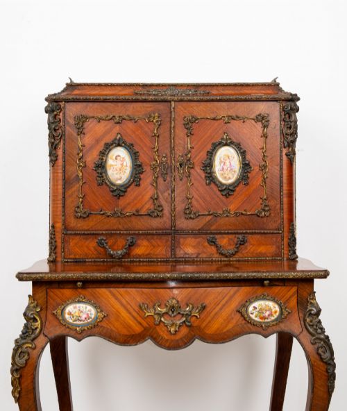 ANTIQUE FRENCH KINGWOOD BONHEUR DU JOUR WRITING DESK WITH ORMOLU MOUNTS PORCELAIN PLAQUES C1880 - ADDITIONAL PHOTO 1