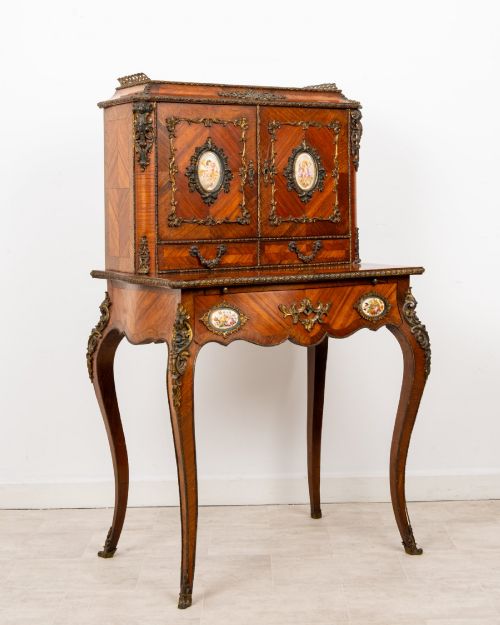ANTIQUE FRENCH KINGWOOD BONHEUR DU JOUR WRITING DESK WITH ORMOLU MOUNTS PORCELAIN PLAQUES C1880 - ADDITIONAL PHOTO 2