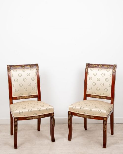 PAIR OF ANTIQUE FRENCH EMPIRE REVIVAL MAHOGANY SIDE CHAIRS WITH ORMOLU MOUNTS C1880