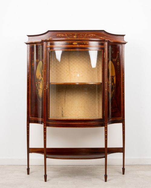 ANTIQUE EDWARDIAN MAHOGANY BOW FRONT DISPLAY CABINET WITH HAND PAINTED PANELS C1900