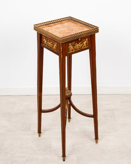 ANTIQUE FRENCH LOUIS XIV STYLE MAHOGANY SIDE TABLE IN THE MANNER OF FRANOIS LINKE WITH ROUGE MARBLE TOP