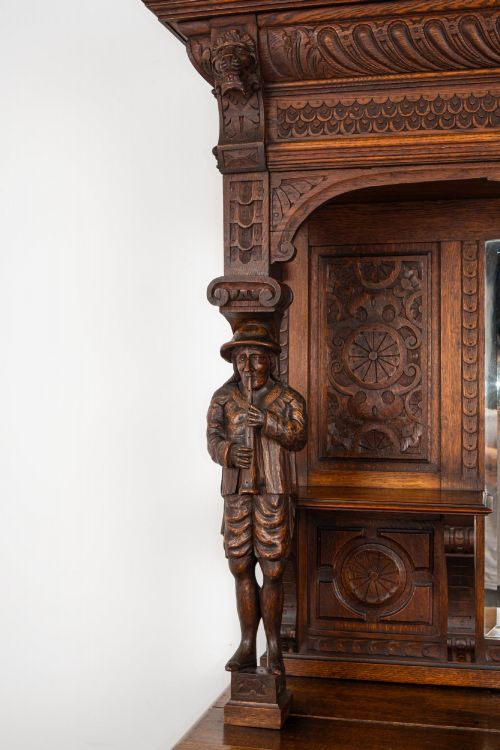 ANTIQUE CARVED OAK MIRROR BACK SIDEBOARD BUFFET CABINET C1880 - ADDITIONAL PHOTO 4