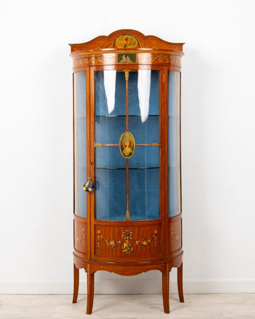 ANTIQUE EDWARDIAN SATINWOOD PAINTED BOW FRONT DISPLAY CABINET VITRINE C1900