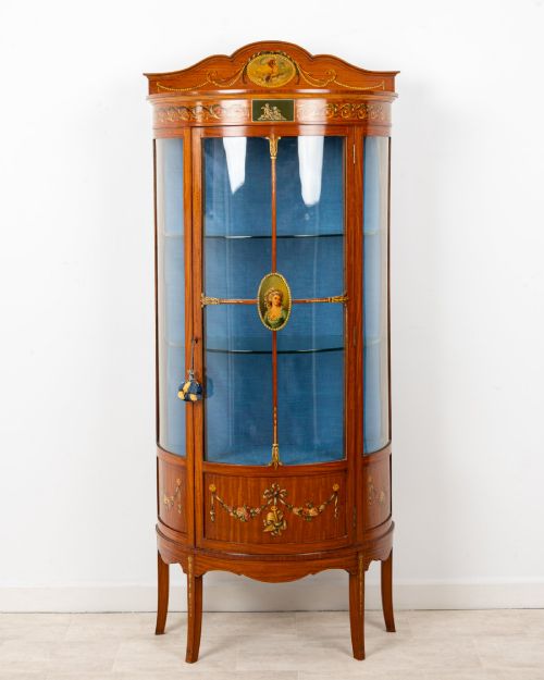 ANTIQUE EDWARDIAN SATINWOOD PAINTED BOW FRONT DISPLAY CABINET VITRINE C1900 - ADDITIONAL PHOTO 1