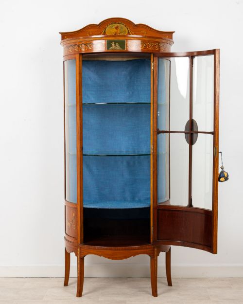 ANTIQUE EDWARDIAN SATINWOOD PAINTED BOW FRONT DISPLAY CABINET VITRINE C1900 - ADDITIONAL PHOTO 8