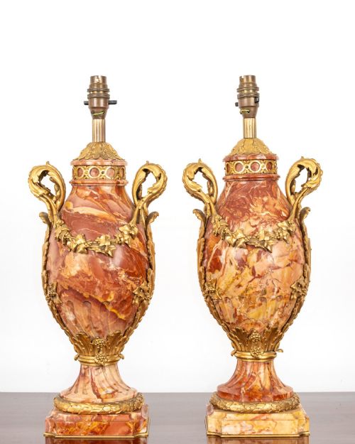 PAIR OF ANTIQUE FRENCH ROUGE ROYAL MARBLE GILT BRONZE MOUNTED URN LAMPS C1880