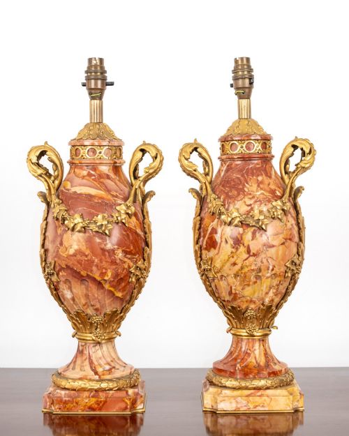 PAIR OF ANTIQUE FRENCH ROUGE ROYAL MARBLE GILT BRONZE MOUNTED URN LAMPS C1880 - ADDITIONAL PHOTO 1