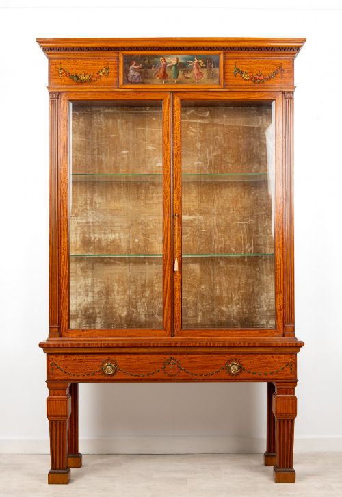 ANTIQUE EDWARDIAN SATINWOOD PAINTED DISPLAY CABINET ON STAND BY HAMPTON SONS C1900