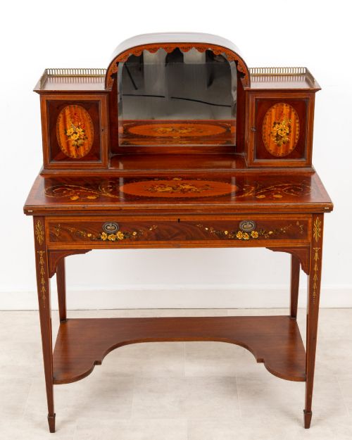 ANTIQUE EDWARDIAN MAHOGANY SATINWOOD PAINTED WRITING DESK DRESSING TABLE - ADDITIONAL PHOTO 2