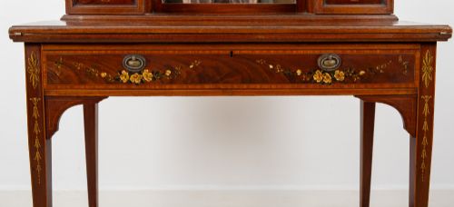 ANTIQUE EDWARDIAN MAHOGANY SATINWOOD PAINTED WRITING DESK DRESSING TABLE - ADDITIONAL PHOTO 5