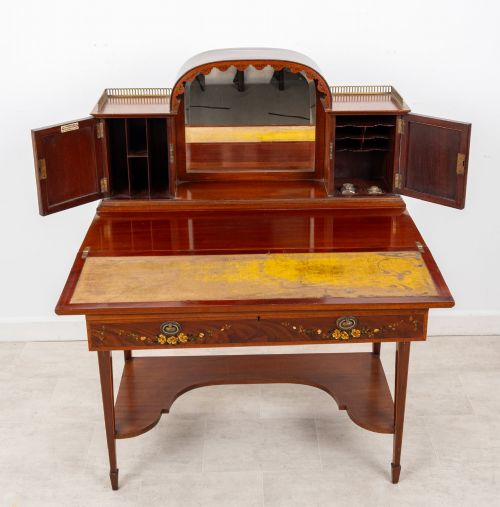 ANTIQUE EDWARDIAN MAHOGANY SATINWOOD PAINTED WRITING DESK DRESSING TABLE - ADDITIONAL PHOTO 7