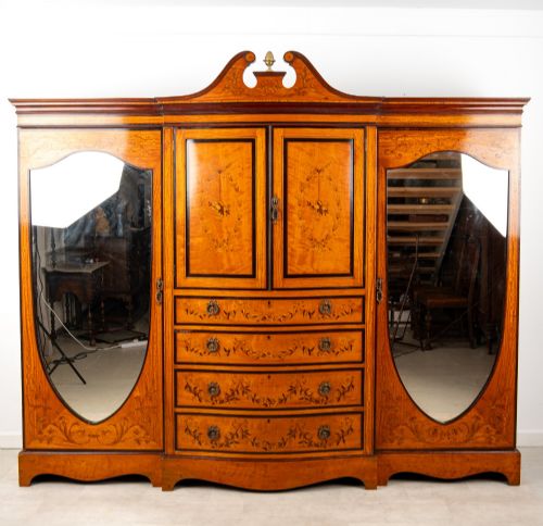 ANTIQUE SATINWOOD INLAID COMPACTUM WARDROBE BY MAPLE CO WITH MIRRORED DOORS DRAWERS C1900 - ADDITIONAL PHOTO 1