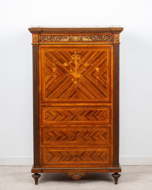 ANTIQUE FRENCH PARQUETRY SECRTAIRE ABATTANT WRITING DESK WITH MARBLE TOP GILT BRONZE MOUNTS C1880 - ADDITIONAL PHOTO 1