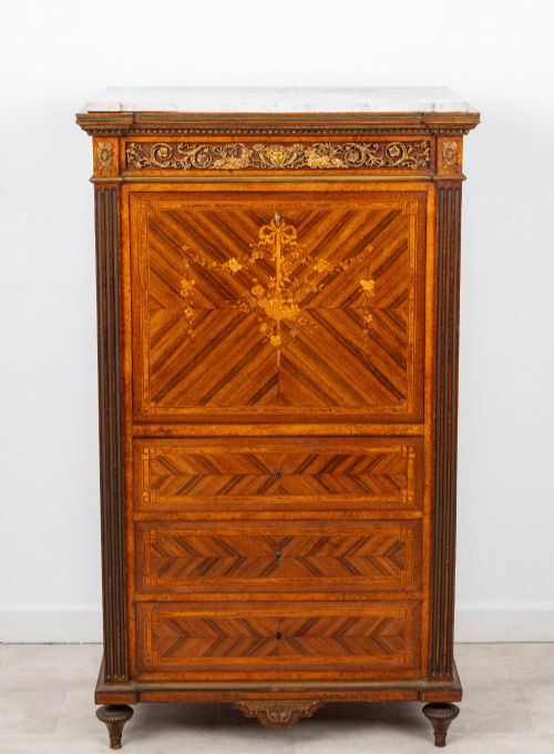 ANTIQUE FRENCH PARQUETRY SECRTAIRE ABATTANT WRITING DESK WITH MARBLE TOP GILT BRONZE MOUNTS C1880 - ADDITIONAL PHOTO 2
