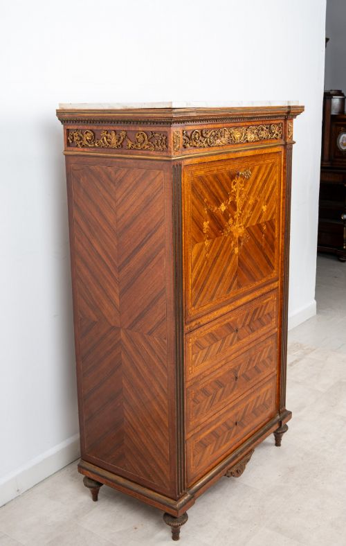 ANTIQUE FRENCH PARQUETRY SECRTAIRE ABATTANT WRITING DESK WITH MARBLE TOP GILT BRONZE MOUNTS C1880 - ADDITIONAL PHOTO 7