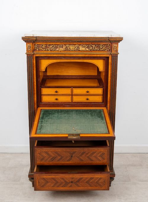 ANTIQUE FRENCH PARQUETRY SECRTAIRE ABATTANT WRITING DESK WITH MARBLE TOP GILT BRONZE MOUNTS C1880 - ADDITIONAL PHOTO 8