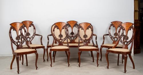 fig 1. Antique Edwardian Mahogany, Satinwood & Marquetry Inlaid Salon Suite – Settee, 2 Armchairs & 4 Chairs c.1900