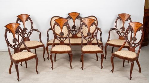 Antique Edwardian Mahogany, Satinwood & Marquetry Inlaid Salon Suite – Settee, 2 Armchairs & 4 Chairs C.1900