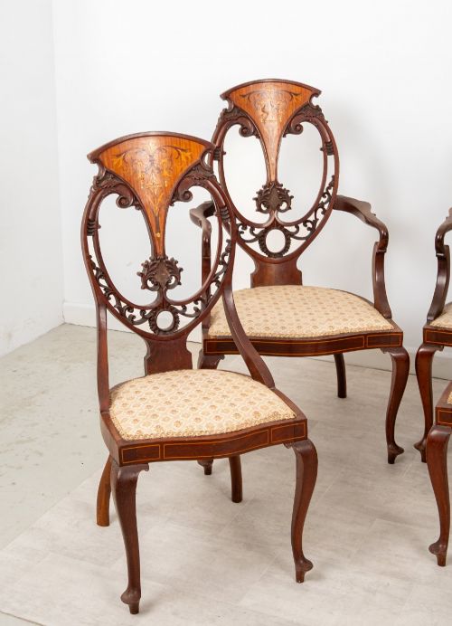 fig 2. Antique Edwardian Mahogany, Satinwood & Marquetry Inlaid Salon Suite – Settee, 2 Armchairs & 4 Chairs c.1900