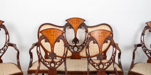 fig 3. Antique Edwardian Mahogany, Satinwood & Marquetry Inlaid Salon Suite – Settee, 2 Armchairs & 4 Chairs c.1900