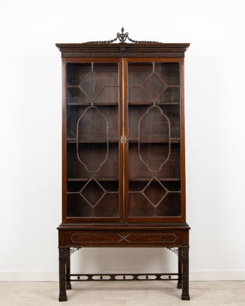ANTIQUE CHIPPENDALE REVIVAL MAHOGANY ASTRAGAL GLAZED BOOKCASE CABINET C1900