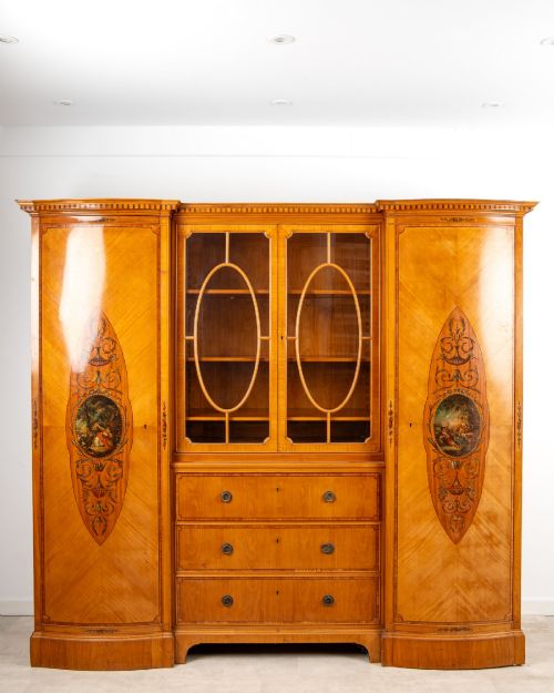 ANTIQUE EDWARDIAN SATINWOOD PAINTED TRIPLE WARDROBE BOOKCASE CABINET C1900 INLAID SATINWOOD COMPACTUM WITH HANDPAINTED PANELS - ADDITIONAL PHOTO 2