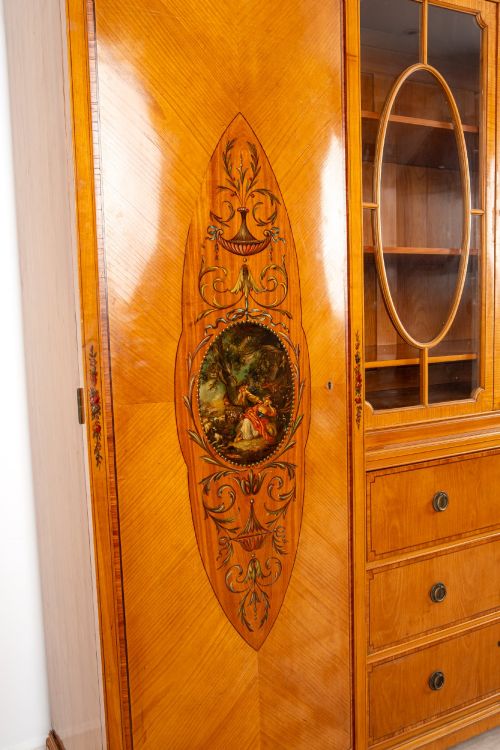 ANTIQUE EDWARDIAN SATINWOOD PAINTED TRIPLE WARDROBE BOOKCASE CABINET C1900 INLAID SATINWOOD COMPACTUM WITH HANDPAINTED PANELS - ADDITIONAL PHOTO 3