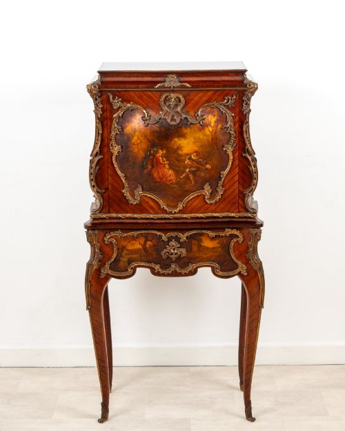 ANTIQUE FRENCH KINGWOOD VERNIS MARTIN SECRTAIRE ABATTANT ON STAND C1880 LOUIS XV ORMOLU MOUNTED WRITING CABINET - ADDITIONAL PHOTO 1