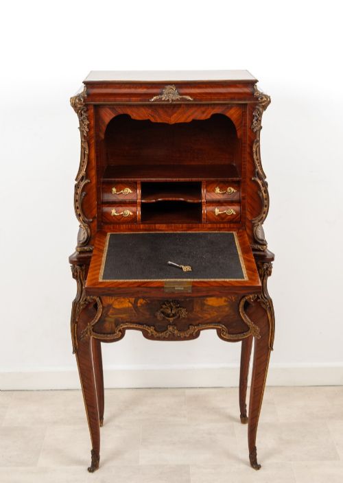 ANTIQUE FRENCH KINGWOOD VERNIS MARTIN SECRTAIRE ABATTANT ON STAND C1880 LOUIS XV ORMOLU MOUNTED WRITING CABINET - ADDITIONAL PHOTO 8