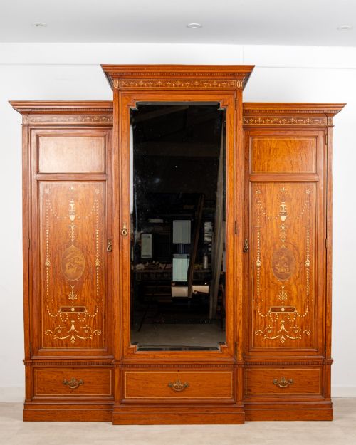 ANTIQUE EDWARDIAN SATINWOOD PAINTED TRIPLE WARDROBE C1900 LARGE INLAID MIRRORED ARMOIRE
