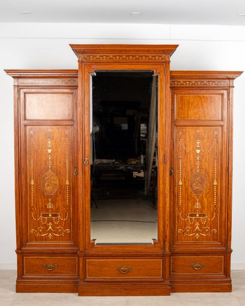 ANTIQUE EDWARDIAN SATINWOOD PAINTED TRIPLE WARDROBE C1900 LARGE INLAID MIRRORED ARMOIRE - ADDITIONAL PHOTO 1