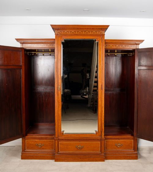 ANTIQUE EDWARDIAN SATINWOOD PAINTED TRIPLE WARDROBE C1900 LARGE INLAID MIRRORED ARMOIRE - ADDITIONAL PHOTO 8