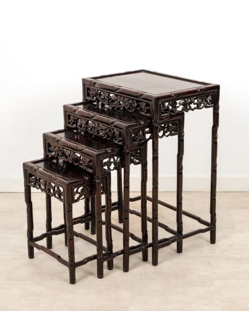 Antique Chinese Hardwood Nest of Four Tables C.1900 | Carved Graduated Side Tables