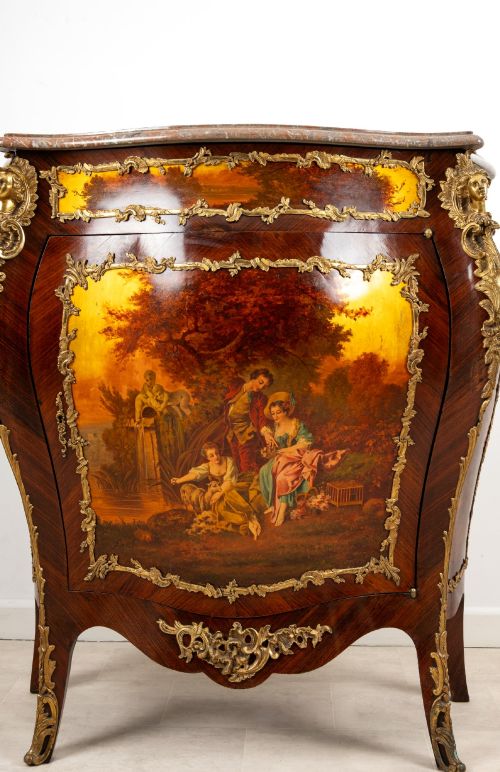 ANTIQUE FRENCH VERNIS MARTIN BOMB CABINET WITH ORMOLU MOUNTS MARBLE TOP C1900 - ADDITIONAL PHOTO 7