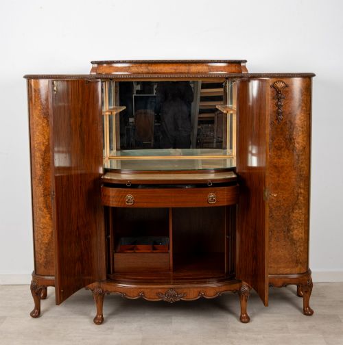 ANTIQUE BURR WALNUT COCKTAIL CABINET WITH FITTED MIRRORED INTERIOR C1930 - ADDITIONAL PHOTO 8