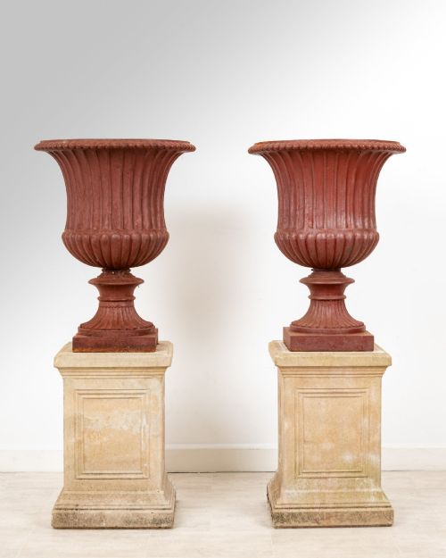 Pair of Antique Cast Iron Campana Urns on Stone Pedestals, 19th Century