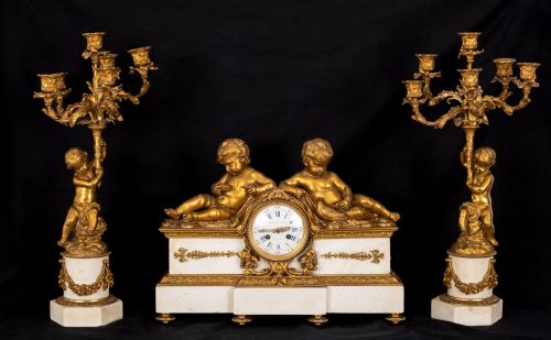 Fine 19th Century French Ormolu and White Marble Cherub Clock Garniture