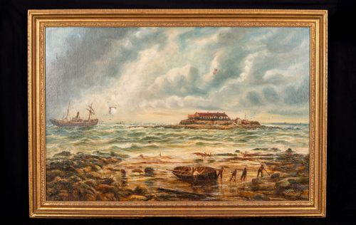 fig 1. A 19th-century marine oil painting by Bernard Benedict Hemy set in a gilded frame, depicting St Marys Island, a steam-sail vessel, and figures working on a rocky shoreline.