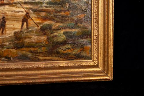 fig 2. A 19th-century marine oil painting by Bernard Benedict Hemy set in a gilded frame, depicting St Marys Island, a steam-sail vessel, and figures working on a rocky shoreline.