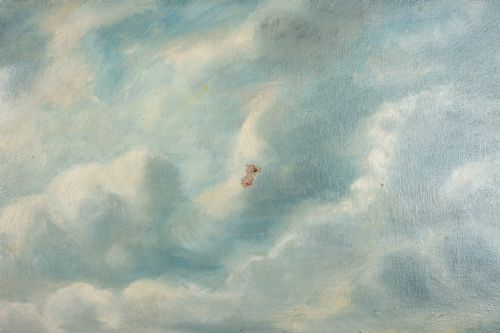 fig 4. A 19th-century marine oil painting by Bernard Benedict Hemy set in a gilded frame, depicting St Marys Island, a steam-sail vessel, and figures working on a rocky shoreline.