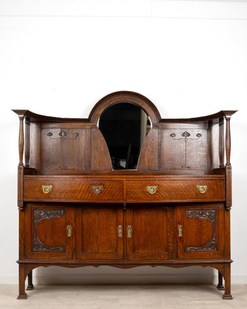 Antique Arts & Crafts Oak Sideboard with Mirror & Art Nouveau Detail C.1900