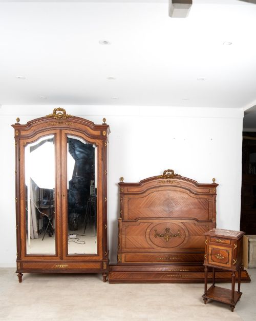 Antique French Louis Xvi Revival Mahogany Bedroom Suite with Wardrobe & Bed C.1900