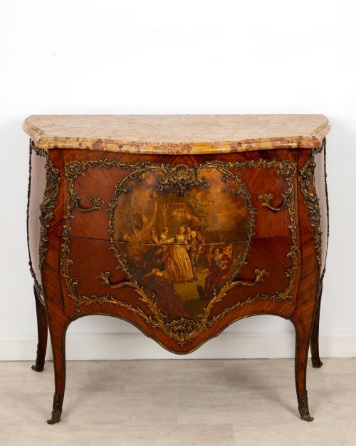 fig 2. A French Louis XV revival bombee commode in kingwood with gilt-bronze mounts, a central hand-painted Vernis Martin scene, and a marble top.