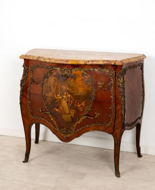 fig 3. A French Louis XV revival bombee commode in kingwood with gilt-bronze mounts, a central hand-painted Vernis Martin scene, and a marble top.