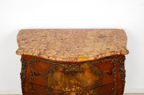 fig 8. A French Louis XV revival bombee commode in kingwood with gilt-bronze mounts, a central hand-painted Vernis Martin scene, and a marble top.