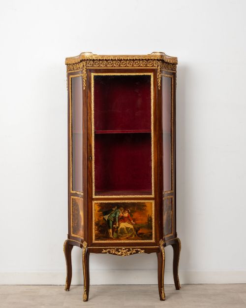 Antique French Mahogany Vernis Martin Gilt Bronze Display Cabinet