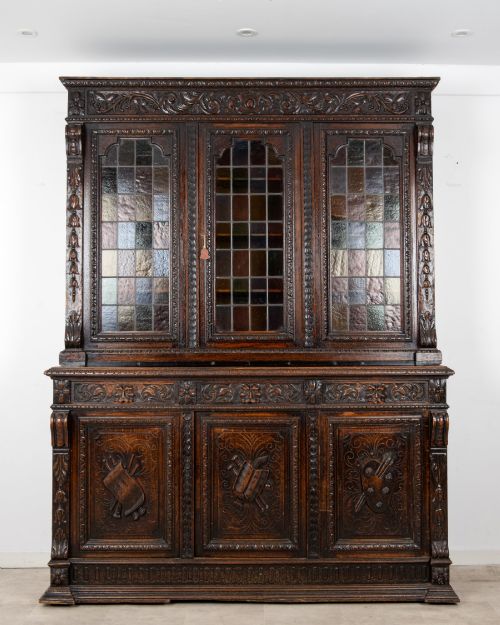 Antique Victorian Carved Oak Stained Glass Bookcase Cabinet C.1890