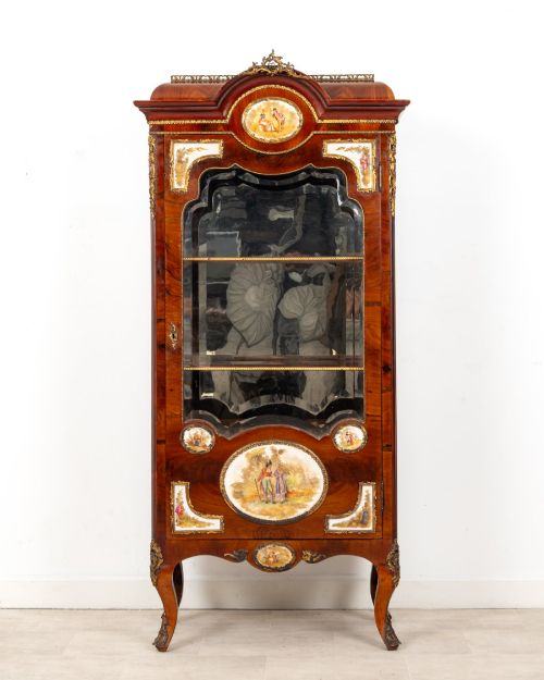 Antique French Walnut Porcelain Plaque Display Cabinet Vitrine C.1900