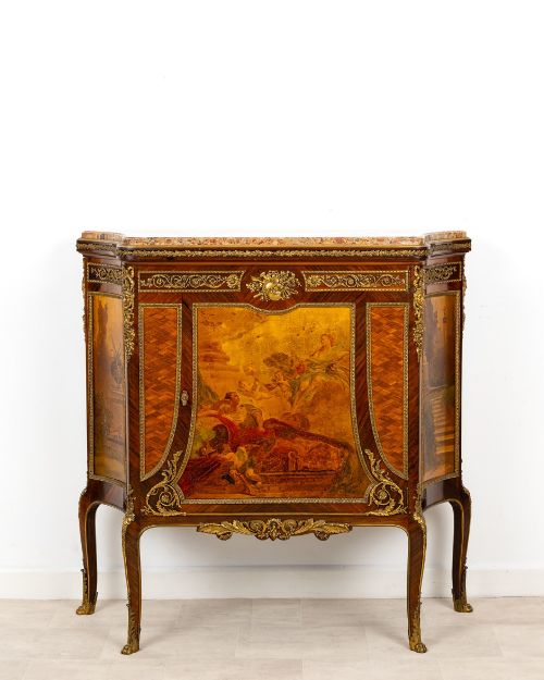 fig 1. An antique French Louis XV revival side cabinet featuring hand-painted Vernis Martin panels, gilt-bronze mounts, and a shaped marble top.
