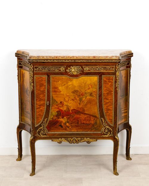 fig 2. An antique French Louis XV revival side cabinet featuring hand-painted Vernis Martin panels, gilt-bronze mounts, and a shaped marble top.